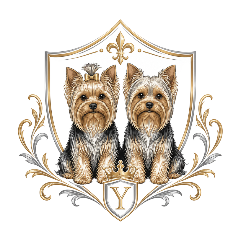 Two Yorkshire terriers on a heraldic crest, the firm's trademark
